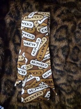 Coach Brown Tan White Logo Print Silk Scarf